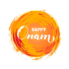 Happy Onam calligraphy hand lettering. South Indian Kerala traditional festival. Vector template for banner, typography poster, greeting card, flyer, etc