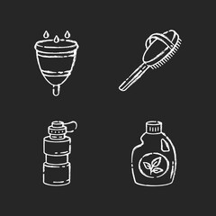 Poster - Personal eco products chalk white icons set on black background. Menstrual cup, natural bath brush, reusable water bottle and organic cleaning product. Isolated vector chalkboard illustrations