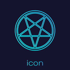 Sticker - Turquoise line Pentagram in a circle icon isolated on blue background. Magic occult star symbol. Vector Illustration.