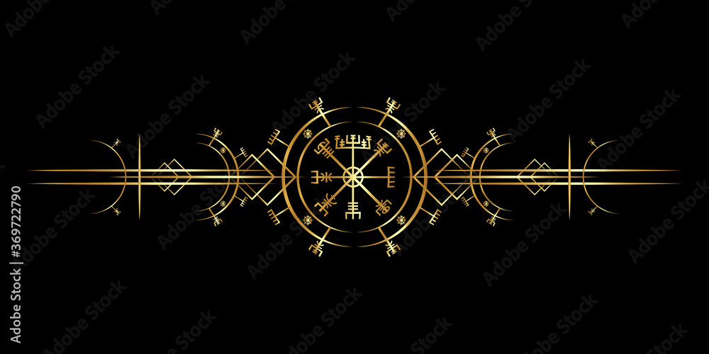 Magic ancient viking art deco, Vegvisir magic navigation compass ancient. The Vikings used many symbols in accordance to Norse mythology, widely used in Viking society. Logo icon Wiccan esoteric sign - obrazy, fototapety, plakaty 