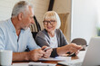 © InsideCreativeHouse - Beautiful senior business couple studying documents using laptop and smiling while working