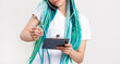 © golubovy - Z generation woman with bright blue hair braids working on project. Confident lady with creative ethnic hairstyle taking notes on phone unrecognizable isolated on white. Modern startup. Business call.