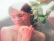 © golubovy - Feminine portrait. Harmony balance. Sensual woman blur silhouette in neon red light with floral pattern double exposure effect. Spa therapy. Skin care. Mindfulness tranquility.
