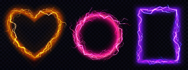 Poster - Electric lightning frames in shape of circle, heart and rectangle. Digital glowing neon borders. Vector realistic set of pink, red and purple sparking discharge isolated on transparent background