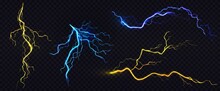 Lightnings, Thunderbolt Strikes During Storm At Night. Vector Realistic Set Of Blue And Yellow Electric Impact, Sparking Discharge Of Thunderstorm Isolated On Dark Transparent Background