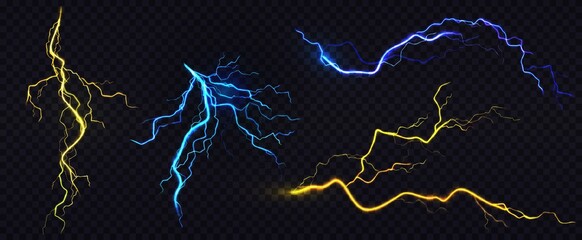 lightnings, thunderbolt strikes during storm at night. vector realistic set of blue and yellow elect