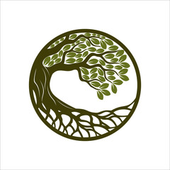 Wall Mural - Root Of The Tree logo illustration. Vector silhouette of a tree, Progettazione del paesaggio creativo concetto vettoriale. Targa organica con albero con radici all'interno del cerchio su sfondo .