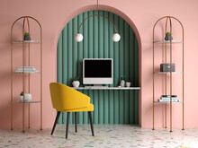 Memphis Style Conceptual Interior Home Office 3 D Illustration
