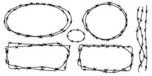 Twisted Barbed Wire Silhouettes Set In Rounded And Square Shapes. Vector Illustration Of Steel Black Wire Barb Fence Frames. Concept Of Protection, Danger Or Security