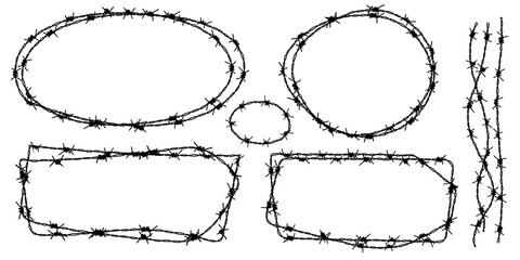 Twisted barbed wire silhouettes set in rounded and square shapes. Vector illustration of steel black wire barb fence frames. Concept of protection, danger or security