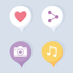 Sticker - social network like share camera and music communication system and technologies icons set