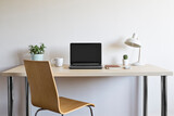 Fototapeta Sypialnia - Wooden desk with chair laptop plants and lamp