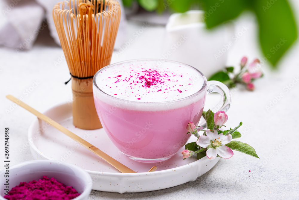 Pink matcha latte with milk - obrazy, fototapety, plakaty 