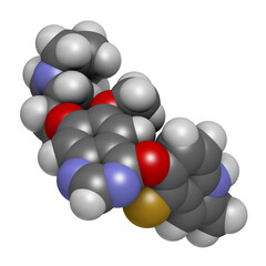 Cediranib cancer drug molecule. 3D rendering. Atoms are represented as spheres with conventional color coding: hydrogen (white), carbon (grey), nitrogen (blue), oxygen (red), fluorine (gold).