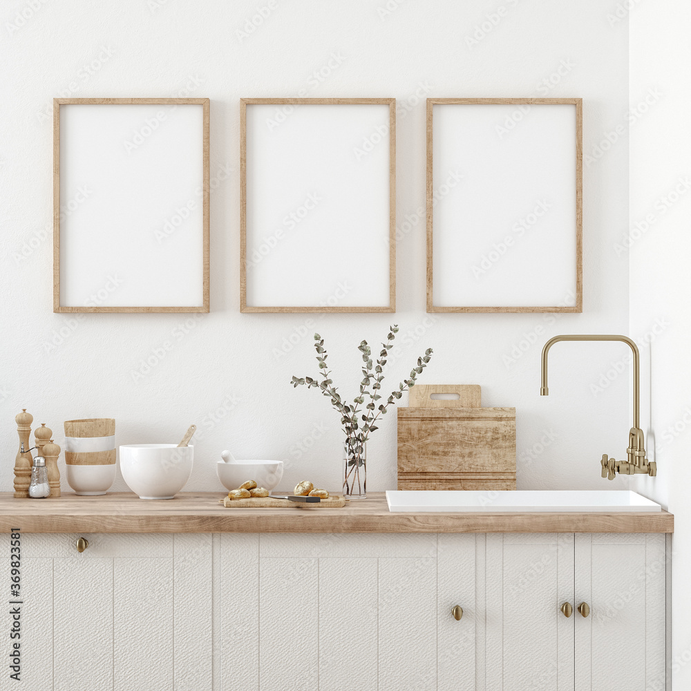 Mock up poster frame in kitchen interior, Farmhouse style, 3d render - obrazy, fototapety, plakaty 