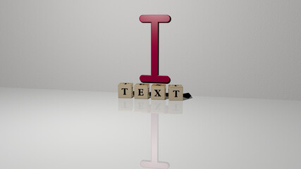 Leinwandbilder - 3D representation of text with icon on the wall and text arranged by metallic cubic letters on a mirror floor for concept meaning and slideshow presentation. illustration and background