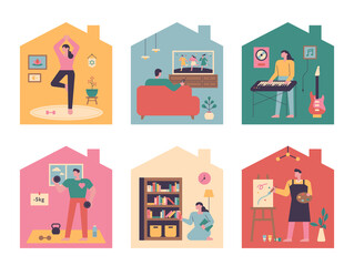 Wall Mural - people who have various hobbies in their homes. flat design style minimal vector illustration.