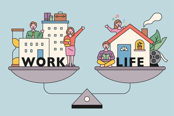 Wall Mural - the house and company on the scales of both arms. work-life balance. flat design style minimal vecto