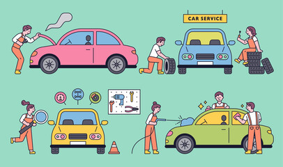 Wall Mural - cars with experts in auto repair shops. flat design style minimal vector illustration.