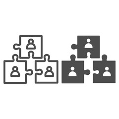 Poster - Puzzle of employees line and solid icon, Coworking concept, Human resources as peace of puzzle sign on white background, puzzles with profile of workers icon in outline style. Vector graphics.