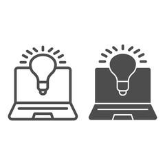 Poster - laptop and lamp line and solid icon, coworking concept, laptop with idea and innovation light sign o