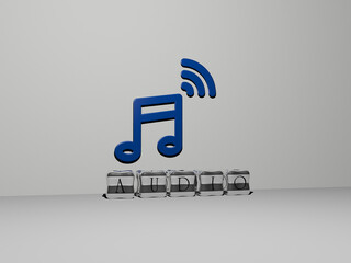 Aufkleber - 3D illustration of audio graphics and text made by metallic dice letters for the related meanings of the concept and presentations. background and music