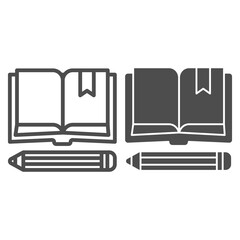 Poster - Book with bookmark and pencil line and solid icon, school concept, Notebook and pencil sign on white background, open book with bookmark and pen icon in outline style for mobile. Vector graphics.