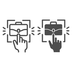 Poster - Hand pointer and briefcase line and solid icon, Coworking concept, choice of profession sign on white background, Human hand touching portfolio icon in outline style for mobile, web. Vector graphics.
