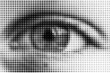 halftone style human eye close-up. dotted design. black dots on a white background