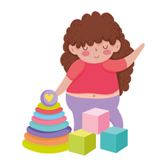 Canvas Print - toys object for small kids to play cartoon, little girl with cubes and pyramid