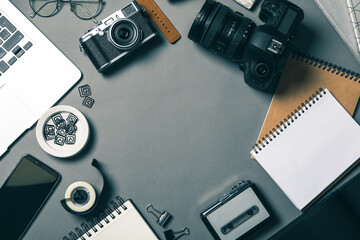 Wall Mural - flat lay composition with equipment for journalist on grey table, space for text