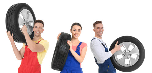 Wall Mural - Collage with photos of young mechanics and tires on white background. Auto store