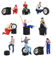 Sticker - Collage with photos of young mechanics and tires on white background. Auto store