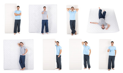 Wall Mural - Collage with photos of young men and mattresses on white background