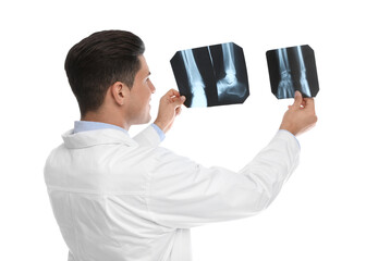 Sticker - Orthopedist holding X-ray pictures on white background