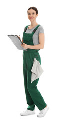 Wall Mural - Full length portrait of professional auto mechanic with clipboard and rag on white background