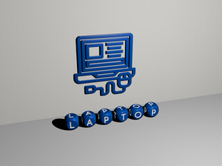Fototapete - 3D representation of laptop with icon on the wall and text arranged by metallic cubic letters on a mirror floor for concept meaning and slideshow presentation. computer and business