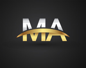 MA initial logo company name colored gold and silver swoosh design. vector logo for business and company identity.