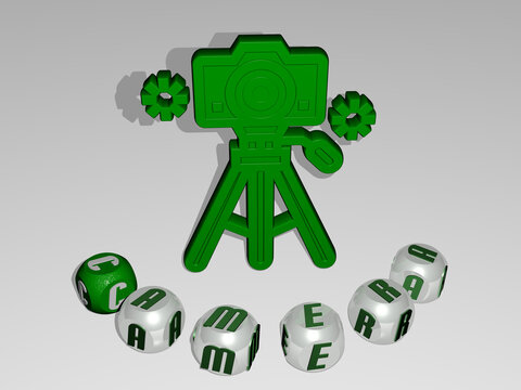 3D illustration of CAMERA graphics and text around the icon made by metallic dice letters for the related meanings of the concept and presentations. background and beautiful