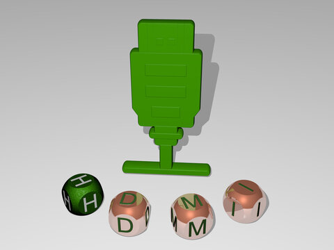 3D illustration of hdmi graphics and text around the icon made by metallic dice letters for the related meanings of the concept and presentations. computer and cable