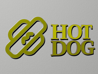 Fototapete - 3D graphical image of hot dog vertically along with text built by metallic cubic letters from the top perspective, excellent for the concept presentation and slideshows. background and illustration
