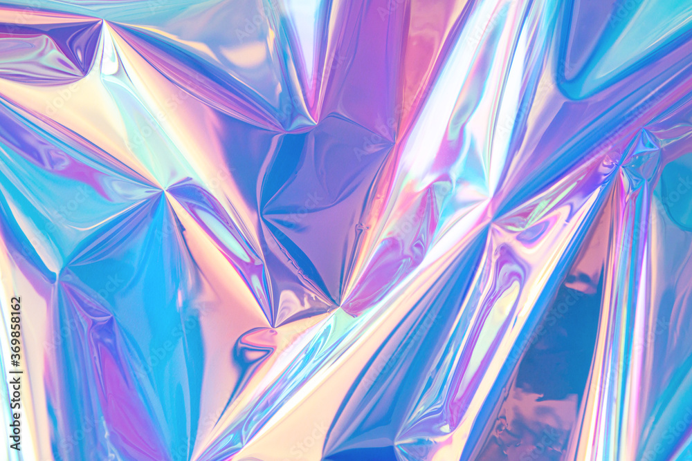 Blurred abstract Modern pastel colored holographic background in 80s style. Crumpled iridescent foil real texture. Synthwave. Vaporwave style. Retrowave, retro futurism, webpunk - obrazy, fototapety, plakaty 