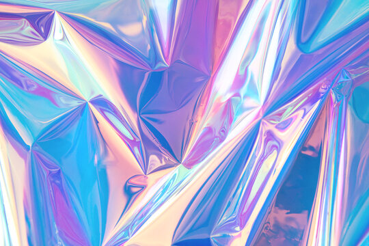 blurred abstract modern pastel colored holographic background in 80s style. crumpled iridescent foil