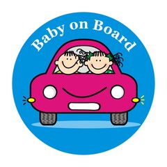 Wall Mural - Baby on board, two little kids at car, humorous vector illustration on blue cirrcle  frame