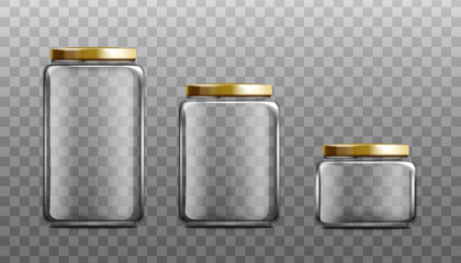 Realistic empty glass jar mockup set isolated on transparent background