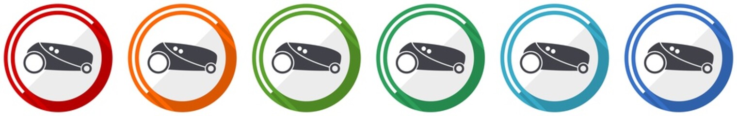 Poster - Robot, automatic grass mower icon set, flat design vector illustration in 6 colors options for webdesign and mobile applications