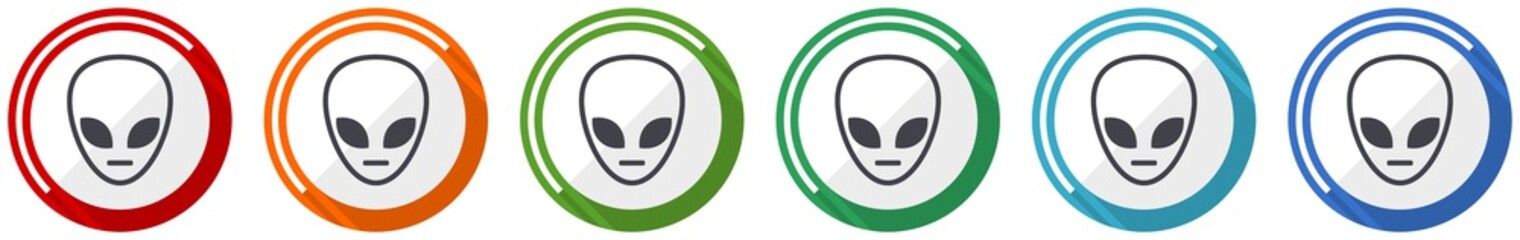 Poster - Alien face icon set, flat design vector illustration in 6 colors options for webdesign and mobile applications