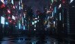 © knssr - 3D Rendering of billboards and advertisement signs at modern buildings in capital city with light reflection from puddles on street. Concept for night life, never sleep business district center (CBD)