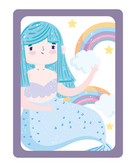 Poster - cute little blue mermaid rainbow stars cartoon character