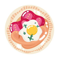 Sticker - food dinner menu fresh cartoon fried egg sausages and tomatoes on dish